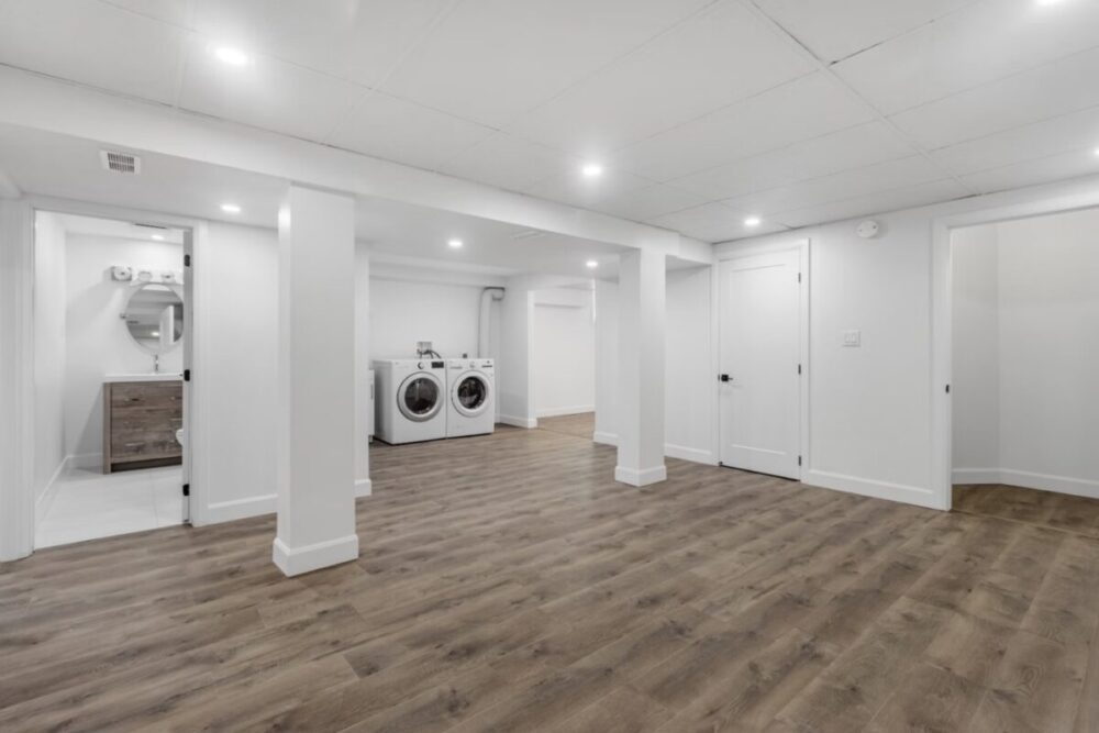 A large basement space with a large ball in the middle